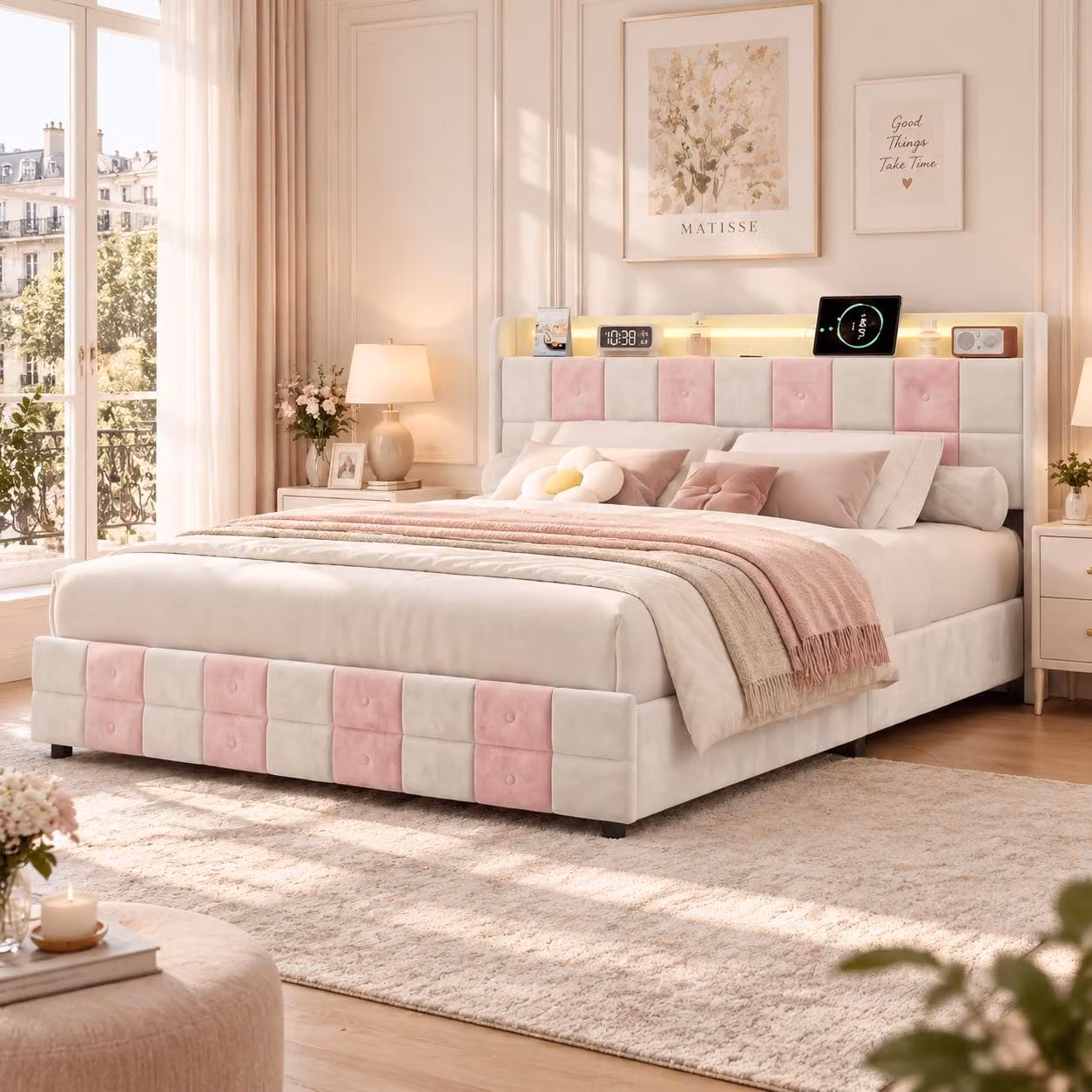 Letto imbottito INONEFT, 140x200 cm, con LED e USB, letto singolo per ragazzi con 4 cassetti e spazio contenitivo, struttura del letto con rete a doghe, bianco-rosa