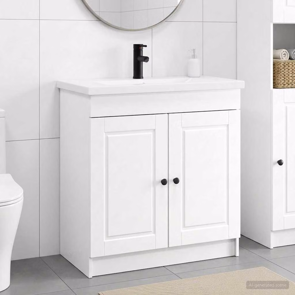 Set di mobili per il bagno moderno vidaXL Bianco con ante a battente e ripiani interni, L/P/H: 56 x 37,5 x 81 cm