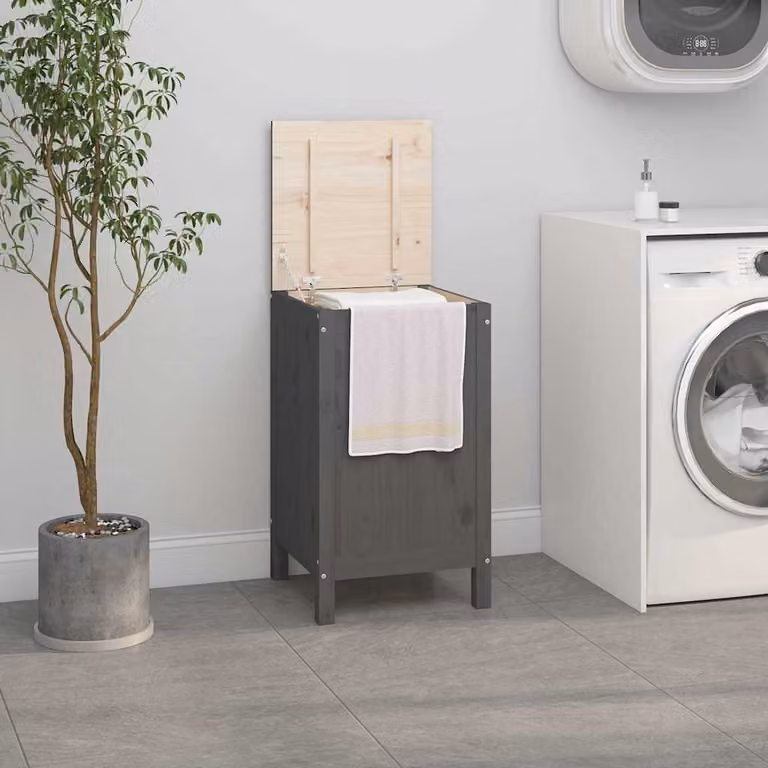 Contenitore per bucato con coperchio vidaXL in legno di pino massello, Grigio, L/P/H: 44 x 44 x 76 cm
