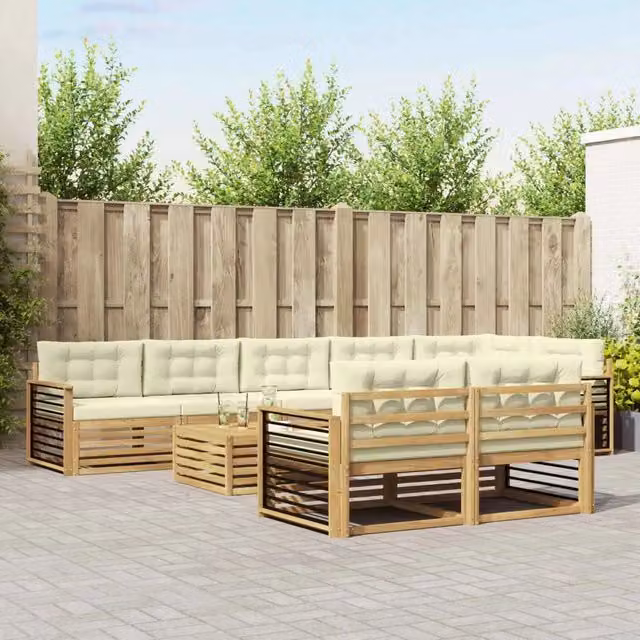 Set di divani da esterno a L vidaXL in legno di acacia con tavolo da caffè, colore bianco e beige, 9 pezzi – 1