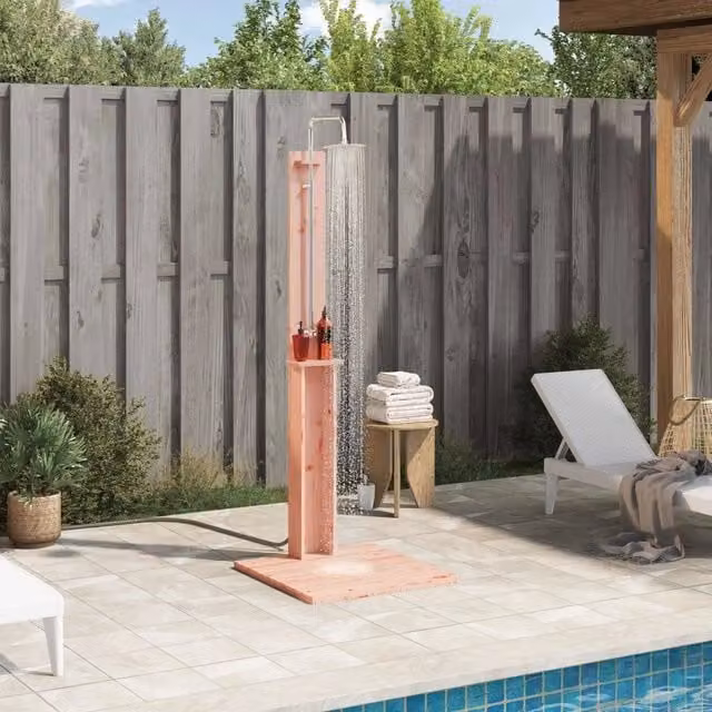 Doccia da esterno vidaXL in legno e acciaio inossidabile, colore marrone, L: 206 cm, P: 76 cm, H: 75 cm – 1