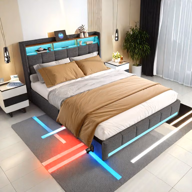 Letto matrimoniale - Struttura del letto - Letto contenitore - Letto con LED - Letto imbottito - Con 4 cassetti - Ricarica USB - 160x200 cm - Grigio