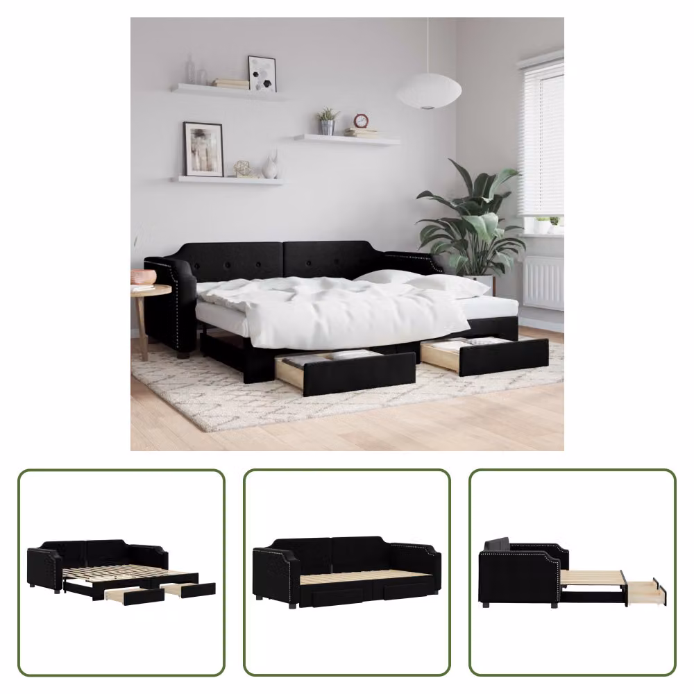 The Living Store Letto allungabile con cassetti nero 90x190 cm tessuto
