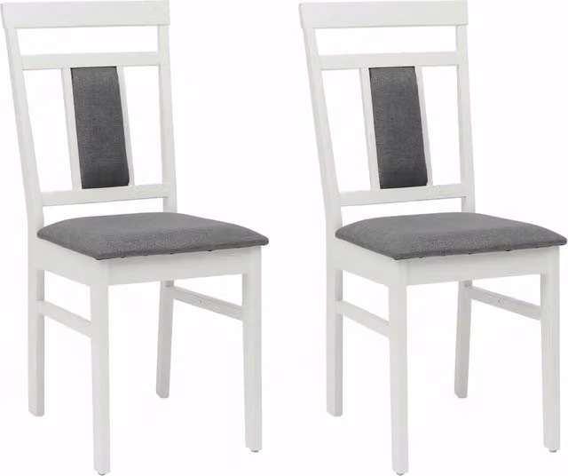 Set di 2 sedie da pranzo e cucina in legno di gomma con seduta in tessuto, colori bianco e grigio