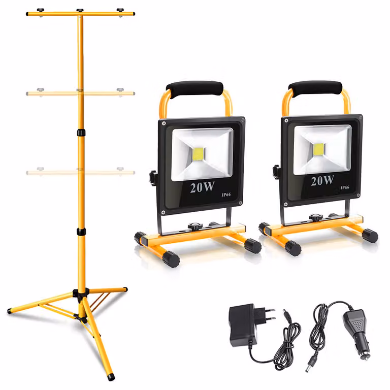 Jopassy Faro ricaricabile a LED Fari da lavoro per edilizia con treppiede telescopico Luce da lavoro a LED bianco freddo 2x20W+1xtripiede Faro da lavoro Floodlight