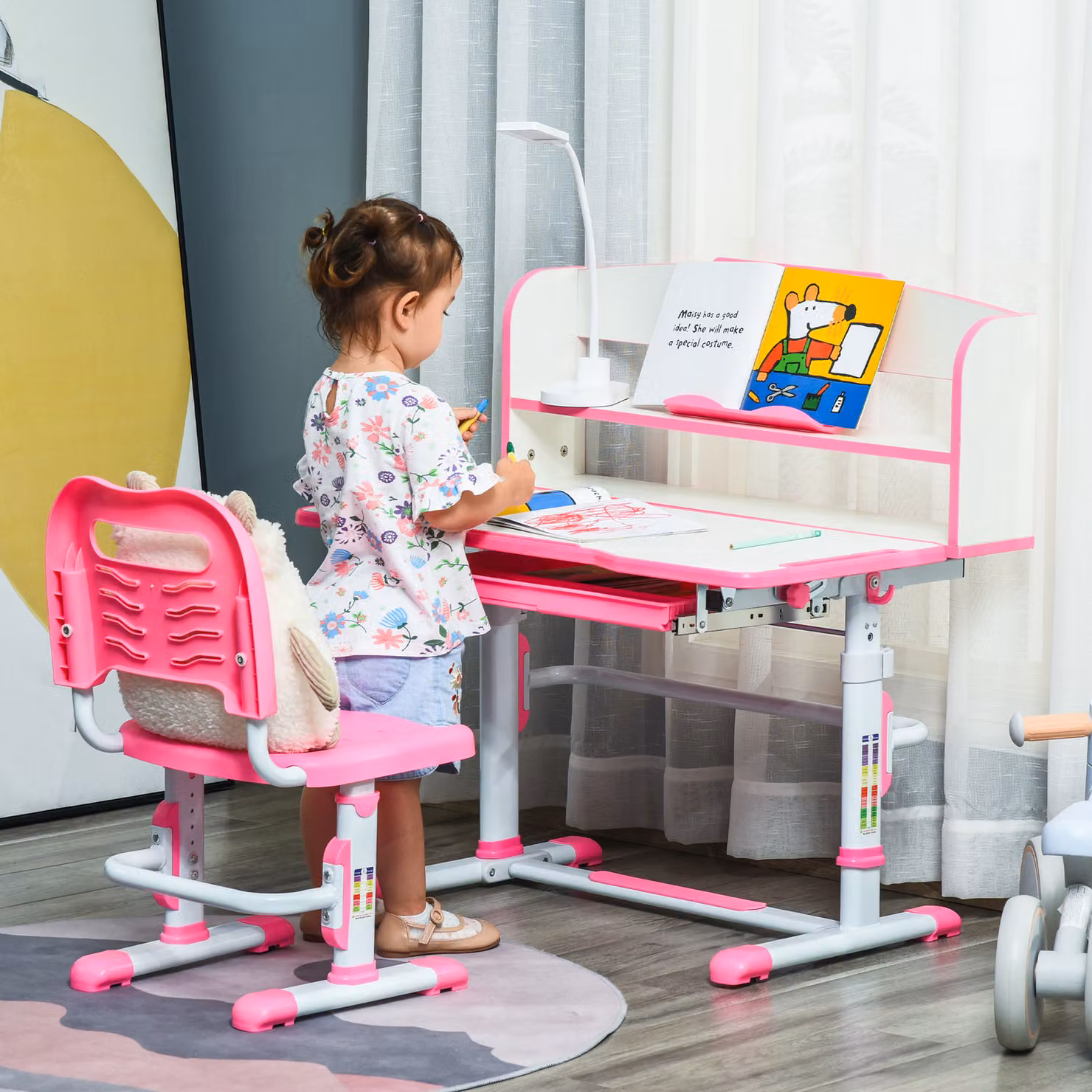 HOMCOM Banco Scuola Regolabile per Bambini 6-12 Anni con Luce LED, Leggio e Portapenne, Rosa – 2