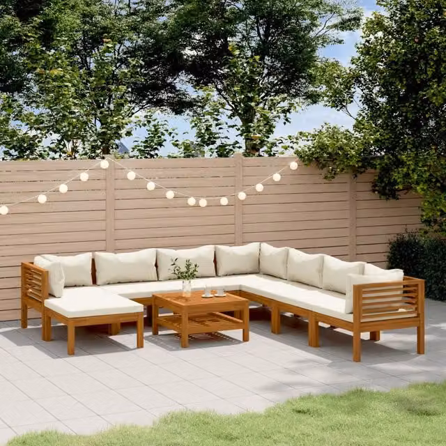 Set di Divani da Giardino vidaXL in Legno di Acacia con Cuscini Beige e Marrone, Composizione a L con 9 Pezzi