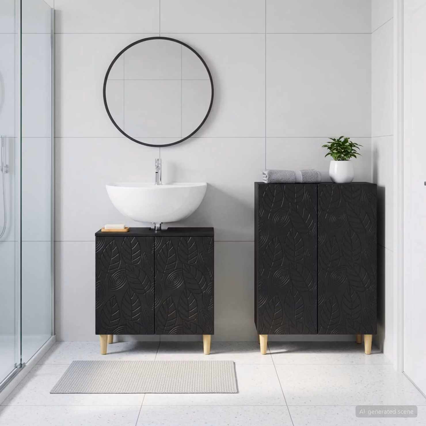 Set di mobili da bagno moderno vidaXL DELFT composto da 2 pezzi in legno nero opaco L/P/H: 59,5 x 31,5 x 76,7 cm e 59 x 29,08 x 59 cm