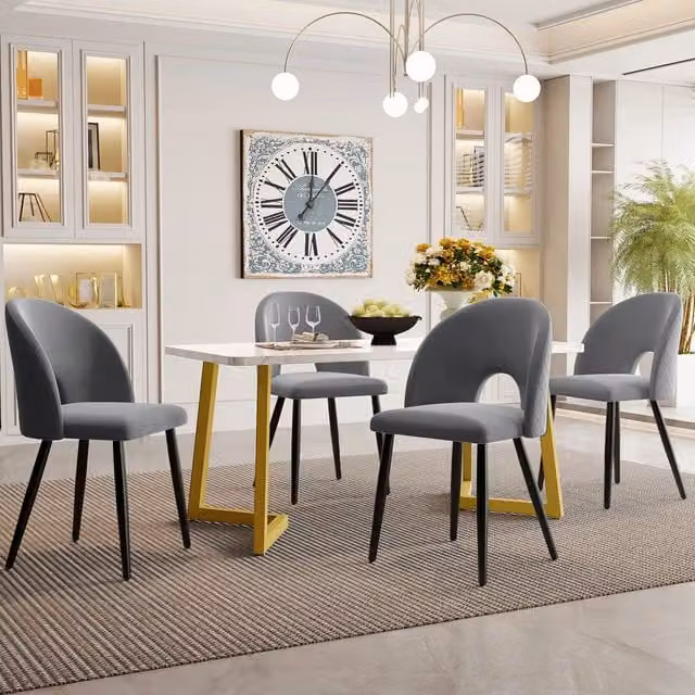 Set Tavolo da Pranzo 117x68 cm con 4 Sedie in Velluto Grigio e Gambe Dorate Regolabili