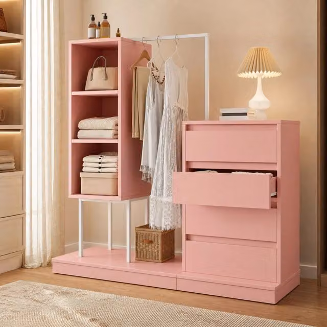 Armadio guardaroba 140x40x135 cm rosa, pannelli truciolari con 4 cassetti