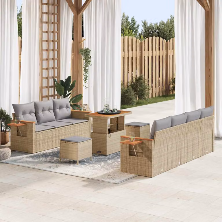 Set Divano da Giardino vidaXL 10 Pezzi in Polyrattan Beige con Cuscini e Tavolino da Esterno