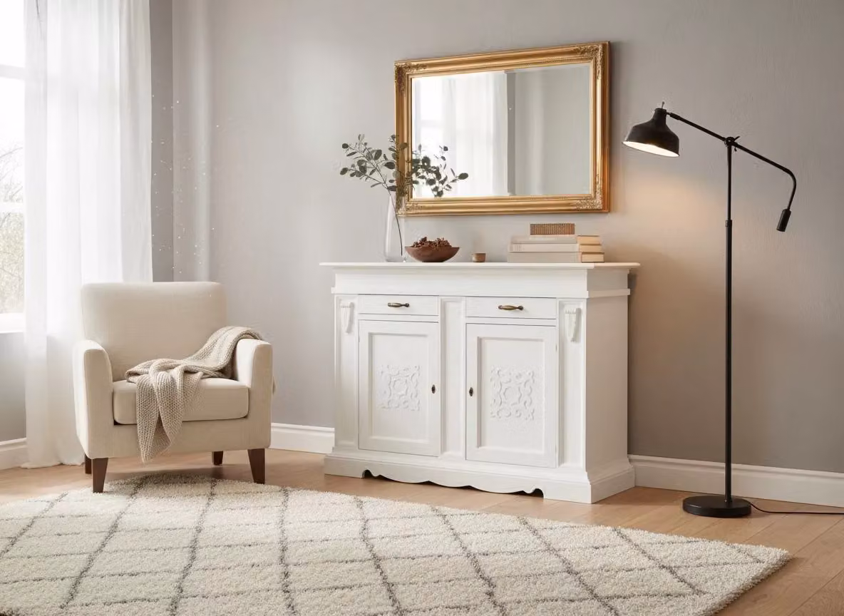 Credenza in legno di pioppo stile shabby chic bianco con 2 porte e 2 cassetti Mobili 2G L/P/H: 170 x 55 x 123 cm – 1