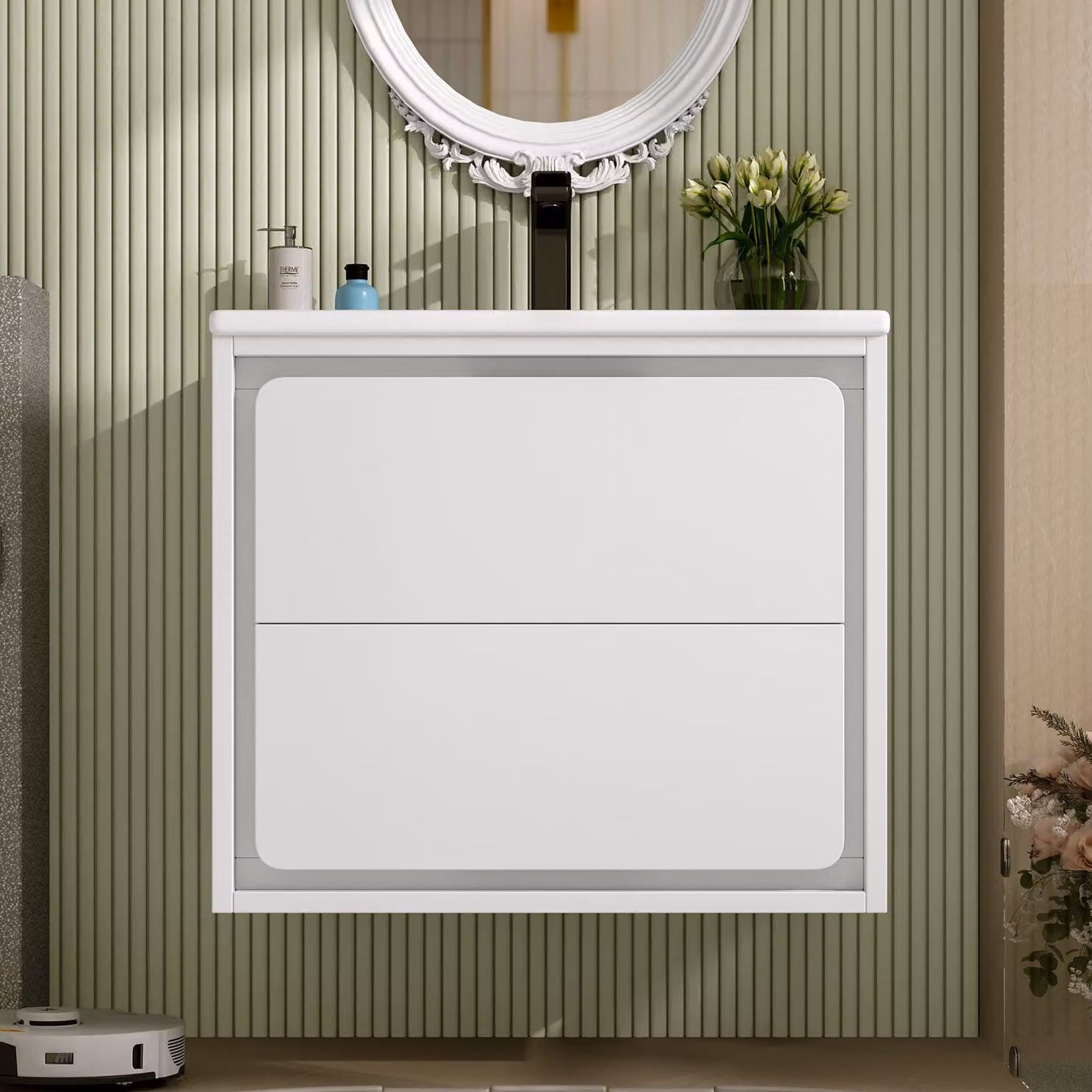 Armadio da bagno NK Space moderno a parete con illuminazione integrata, due cassetti e finitura bianca opaca, L: 60 cm, P: 46 cm, H: 50 cm – 2