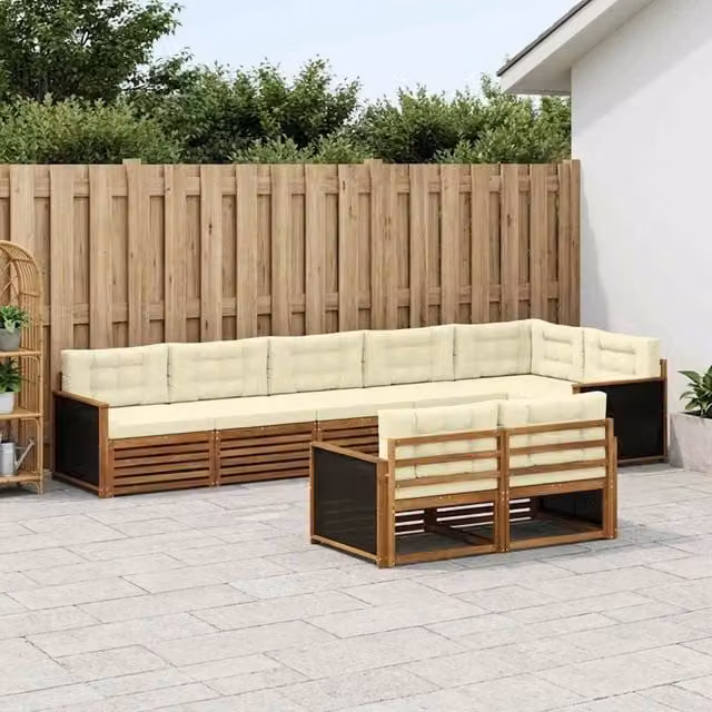 Set di divani da esterno a L vidaXL in legno di acacia con cuscini, beige e marrone