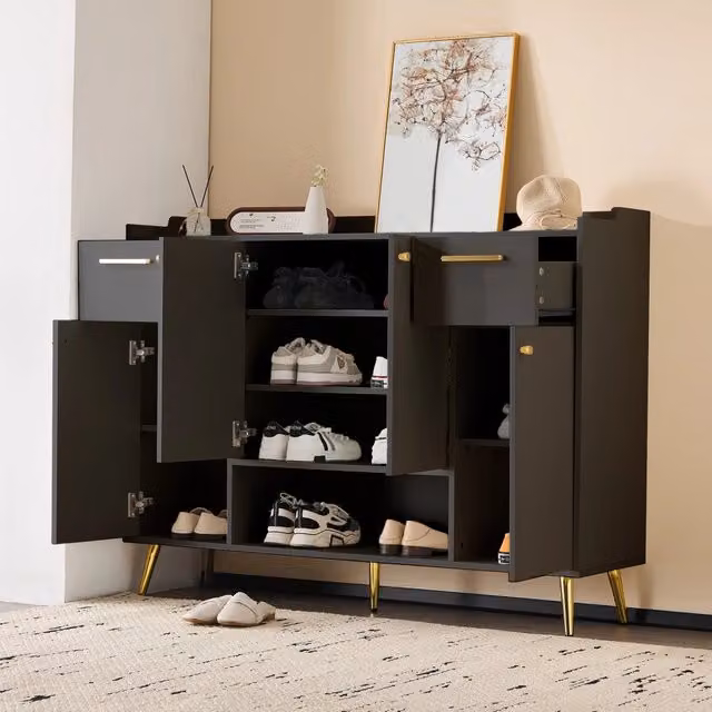 Desviae Scarpiera con 2 cassetti 4 ante vano aperto e piedini alti in pannello truciolare nero 130 × 37 × 100 cm