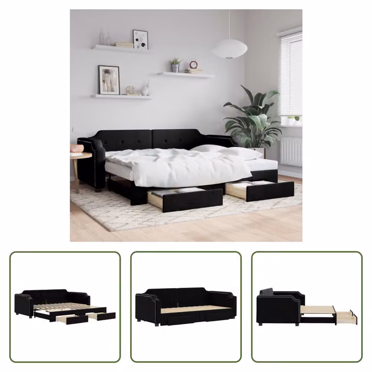 The Living Store Letto allungabile con cassetti nero 90x190 cm tessuto