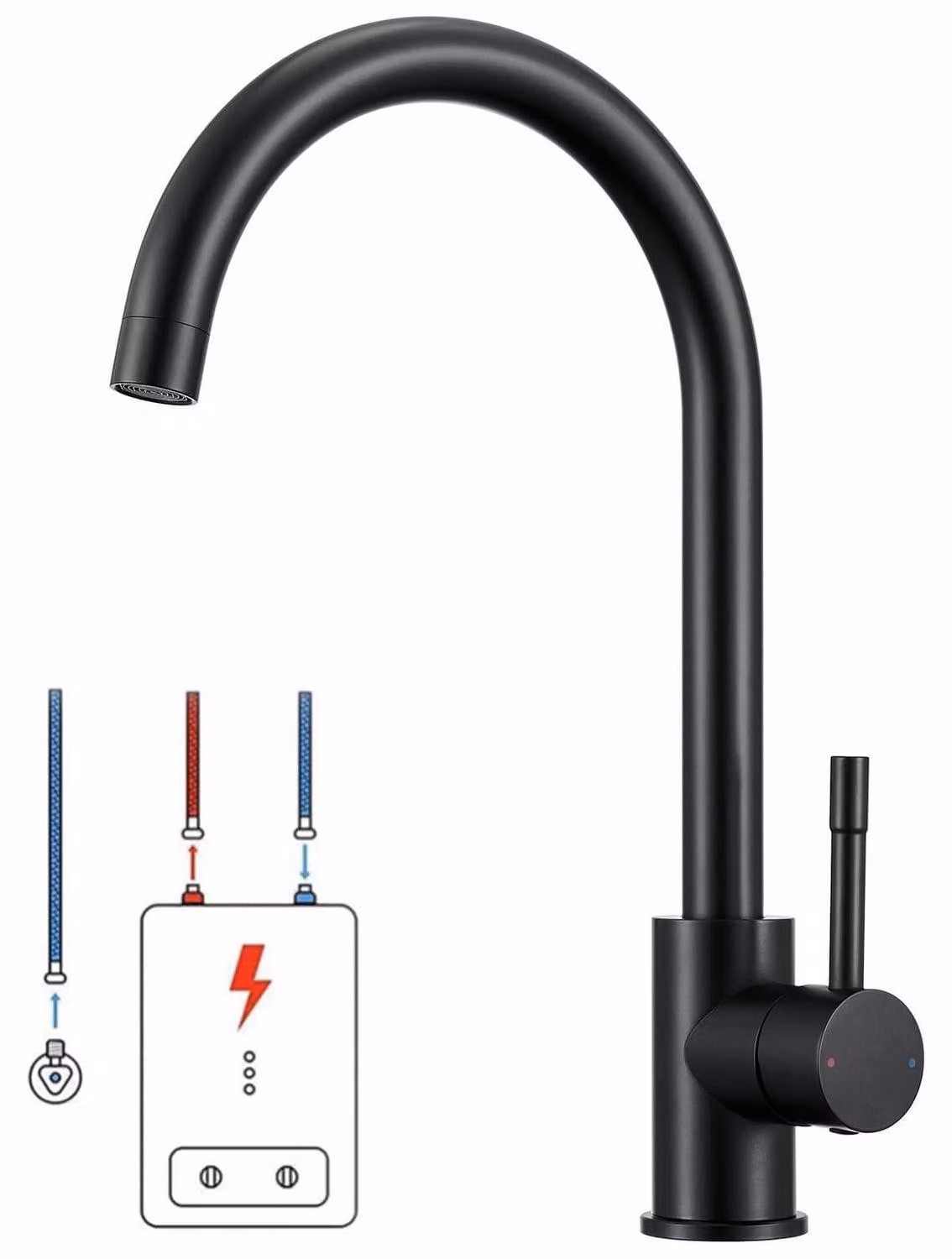Rubinetto a bassa pressione per cucina, colore nero, adatto per scaldabagni istantanei, con rotazione a 360° e 3 attacchi