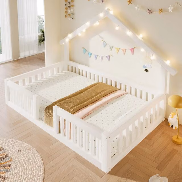 Letto a casetta REDOM per bambini in legno bianco con luci LED L/P/H: 90 x 200 cm