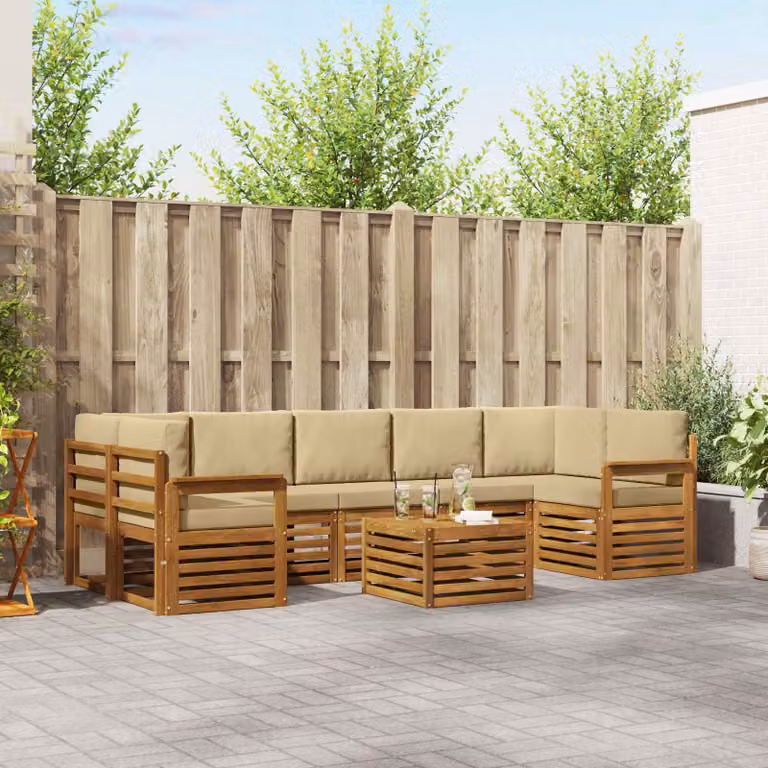 vidaXL Set di divani da esterno a L in legno di acacia con cuscini, 8 pezzi, Beige e Marrone