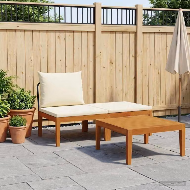 Set da giardino moderno vidaXL in legno di acacia con divano a 2 posti, tavolino da caffè e pouf con cuscini inclusi, marrone, beige e bianco