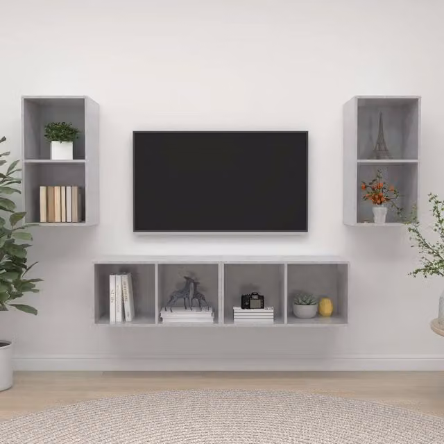 Mobile TV da parete vidaXL in legno multistrato, set di 4 pezzi, grigio cemento, stile moderno