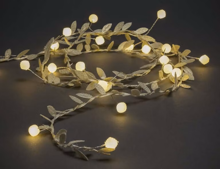 Perline luminose a LED con foglie dorate - 20 LED bianco caldo - batteria - timer - L: 1,90m