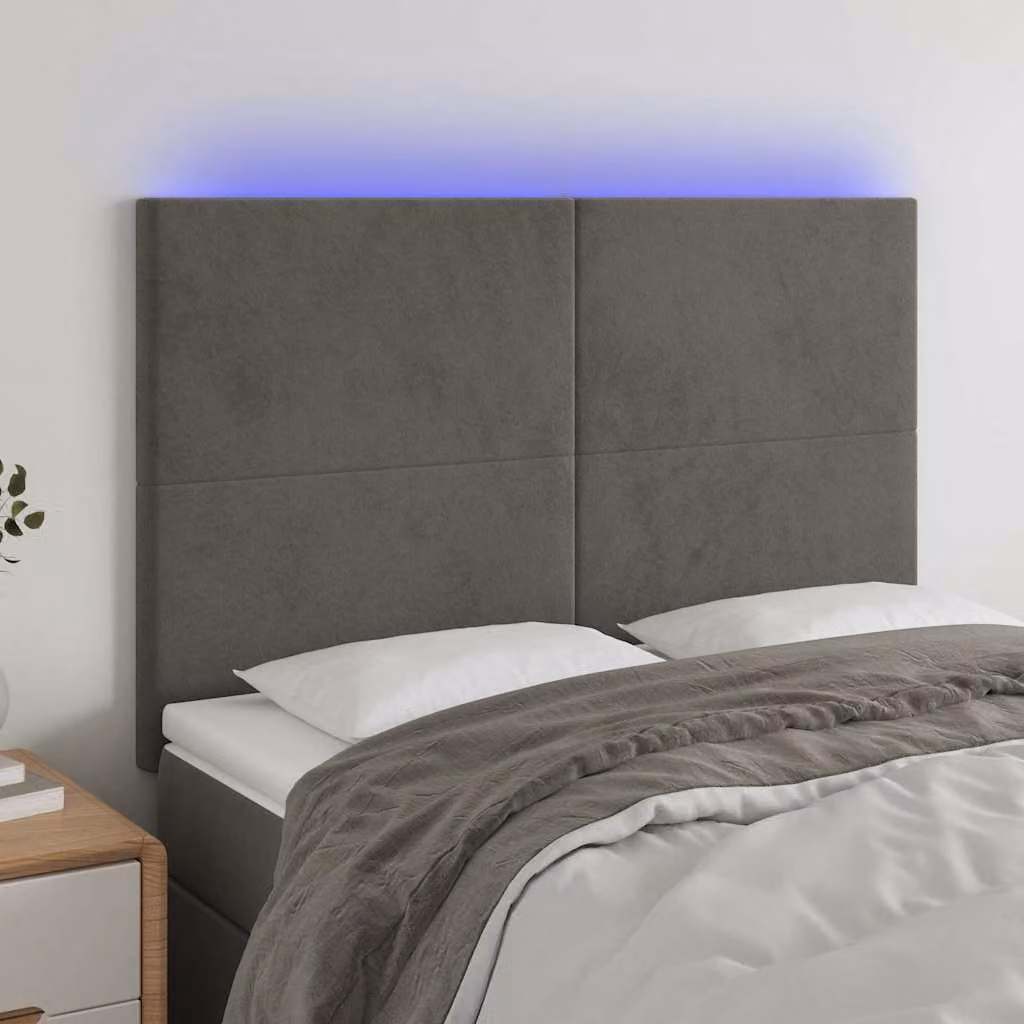 Testiera per letto vidaXL in velluto grigio con illuminazione LED e porta di ricarica USB, L: 144 cm, P: 5 cm, H: 118/128 cm