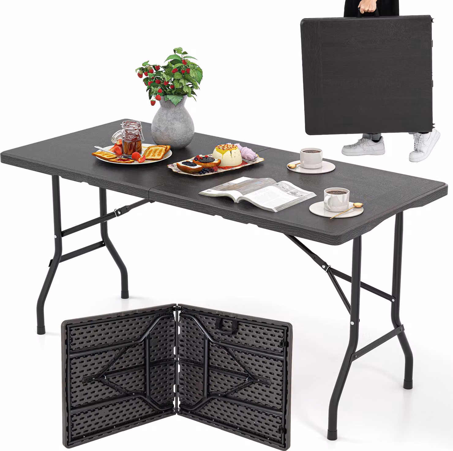 Tavolo da giardino COSTWAY 152x70 cm, tavolo da campeggio pieghevole, tavolo pieghevole con piano in HDPE e maniglia di trasporto, tavolo da balcone/buffet per 4-6 persone, nero
