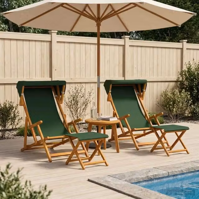 Set di 4 lettini prendisole vidaXL in legno di eucalipto massello trattato, colore verde, con poggiatesta regolabile e tessuto resistente ai raggi UV