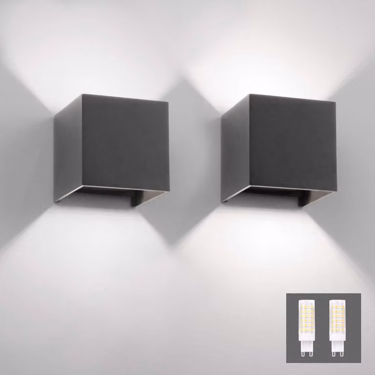 2 faretti a LED da parete, luce direzionale verso l'alto e verso il basso, bianco freddo 6000K, alluminio grigio scuro, grado di protezione IP54, dimensioni 10x10 cm
