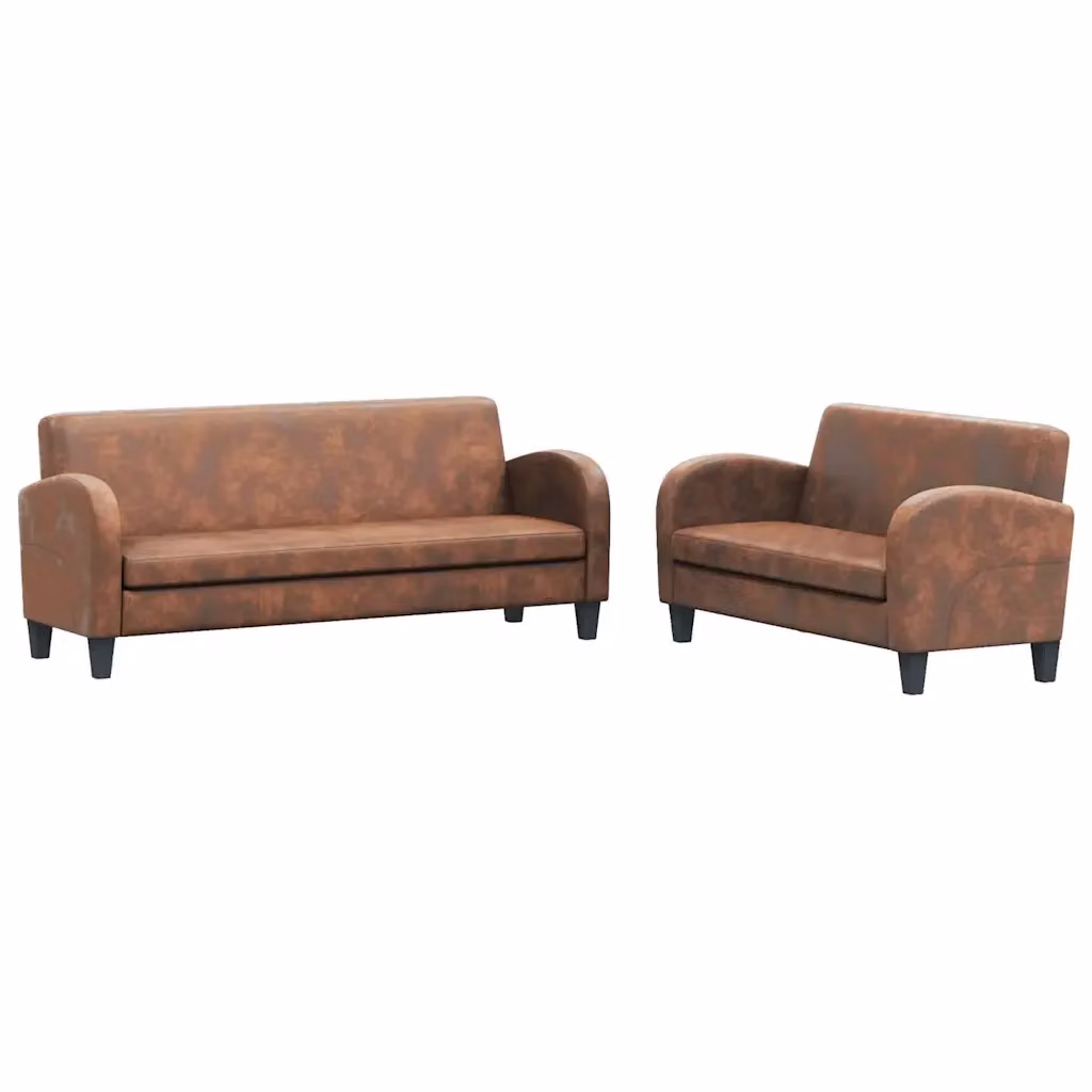 vidaXL Set di Divani 2 Pezzi in Camoscio Artificiale Marrone con Struttura in Legno Solido e Cuscini Inclusi – 2