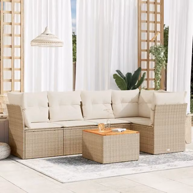 Set Divano da Giardino a L VIDAXL in Polyrattan con Cuscini Beige, 6 Posti