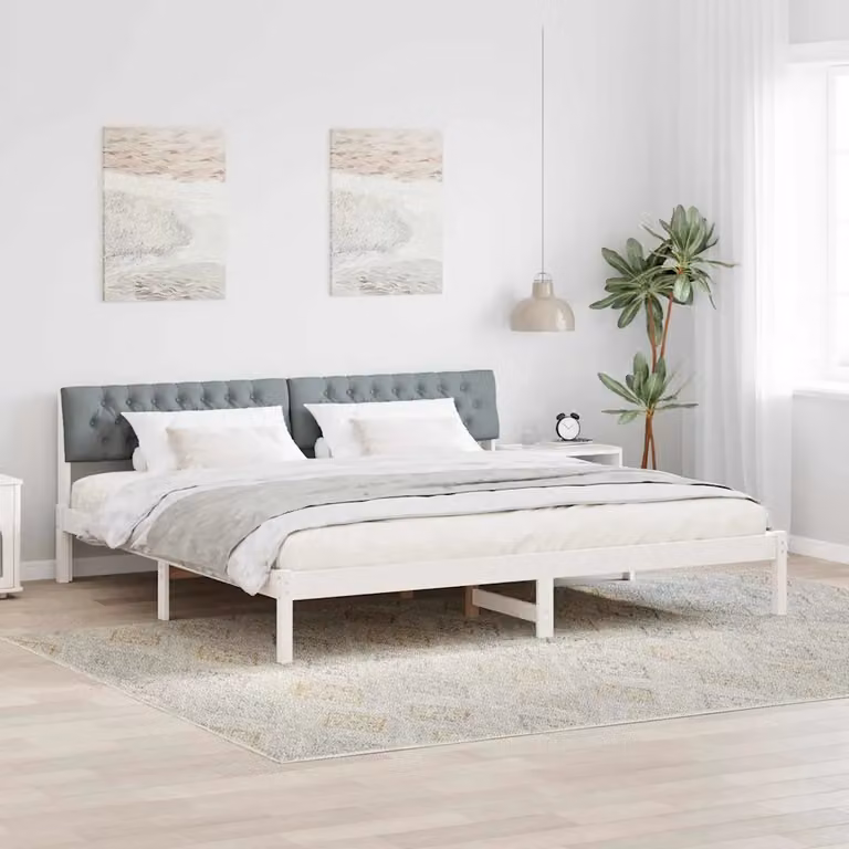 Struttura del letto moderna vidaXL in legno di pino e tessuto, bianco e grigio, 200 x 200 cm