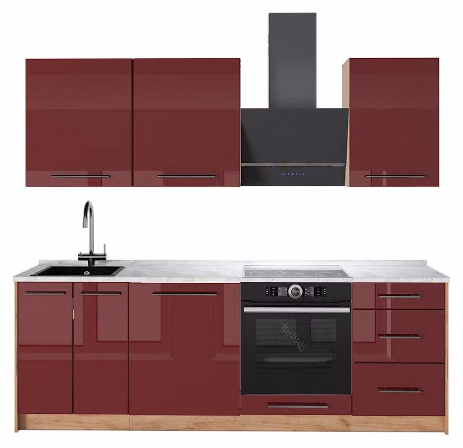 Cucina componibile Vicco Fame-Line Bordeaux lucido/Rovere dorato 230 cm, PL Marmo, Model 63995