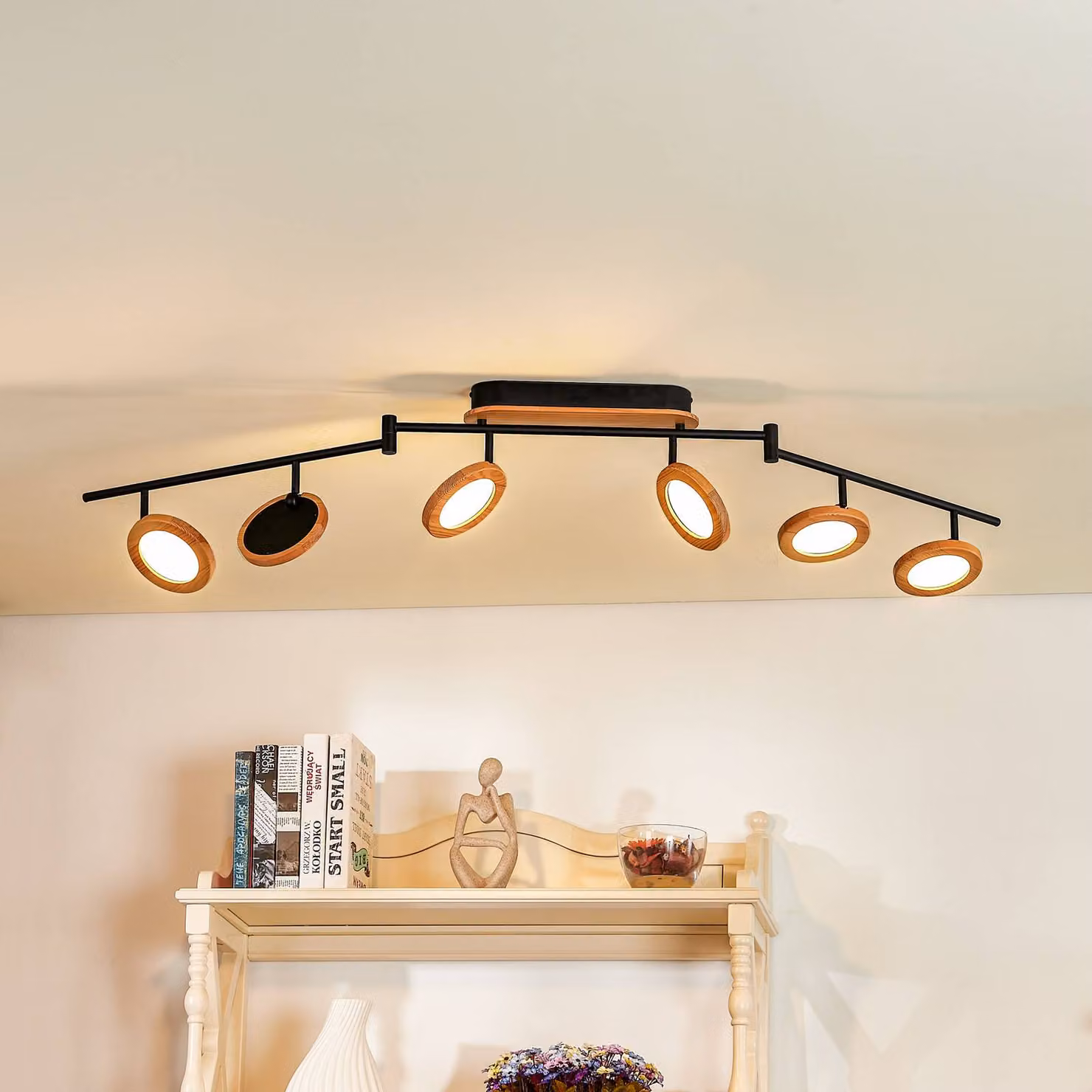 Faretto LED Lindby Manel, legno, lunghezza 152 cm, a 6 luci Manel Lindby, dimmerabile, Legno chiaro, Soggiorno / Sala da pranzo, Metallo, Campagna / Rustiche