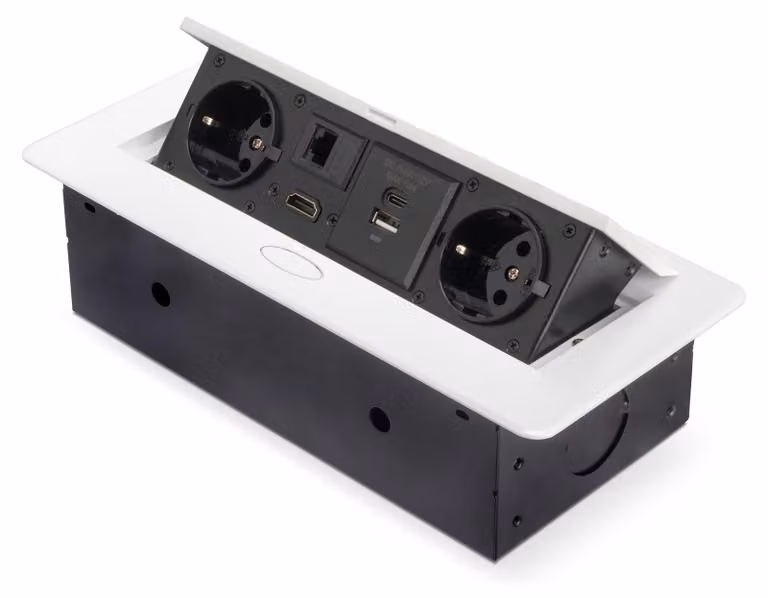 Presa multipla Emuca Atom 26 A+C per tavoli, UE, bianco, acciaio e plastica e zama