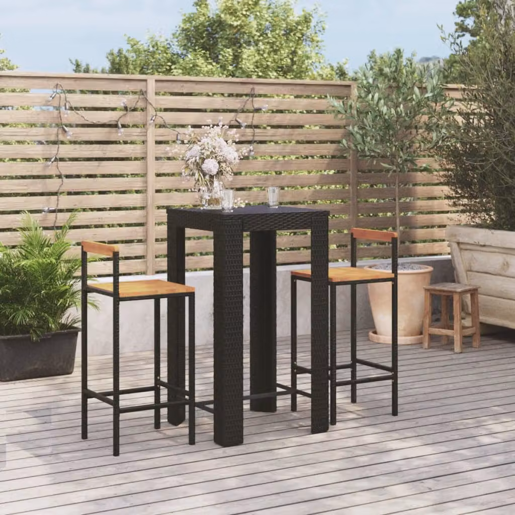 Set Bar da Giardino vidaXL 3 Pezzi in Polyrattan e Legno di Acacia Nero
