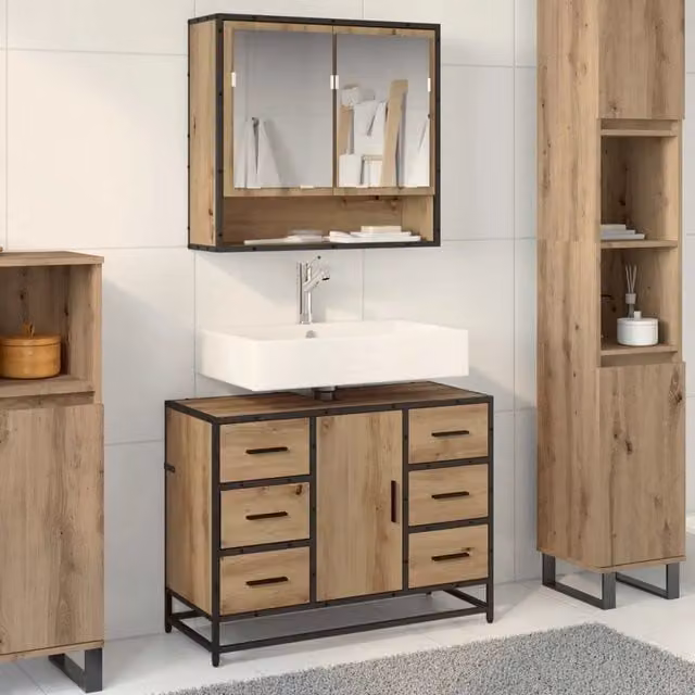 Set di mobili per il bagno moderno vidaXL composto da mobile sottolavabo e armadietto con specchio in legno e metallo color rovere e nero – 1