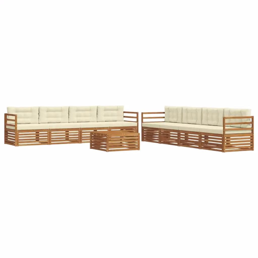 Set di divani da esterno vidaXL in legno di acacia con tavolino e cuscini, colore beige e bianco, 9 pezzi – 2