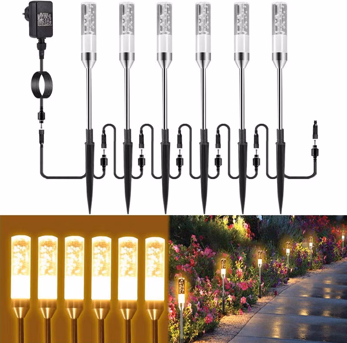 Set di 6 luci da giardino con picchetto da terra, 12V, LED da esterno, 570 lumen, luce bianco caldo, grado di protezione IP65, impermeabili