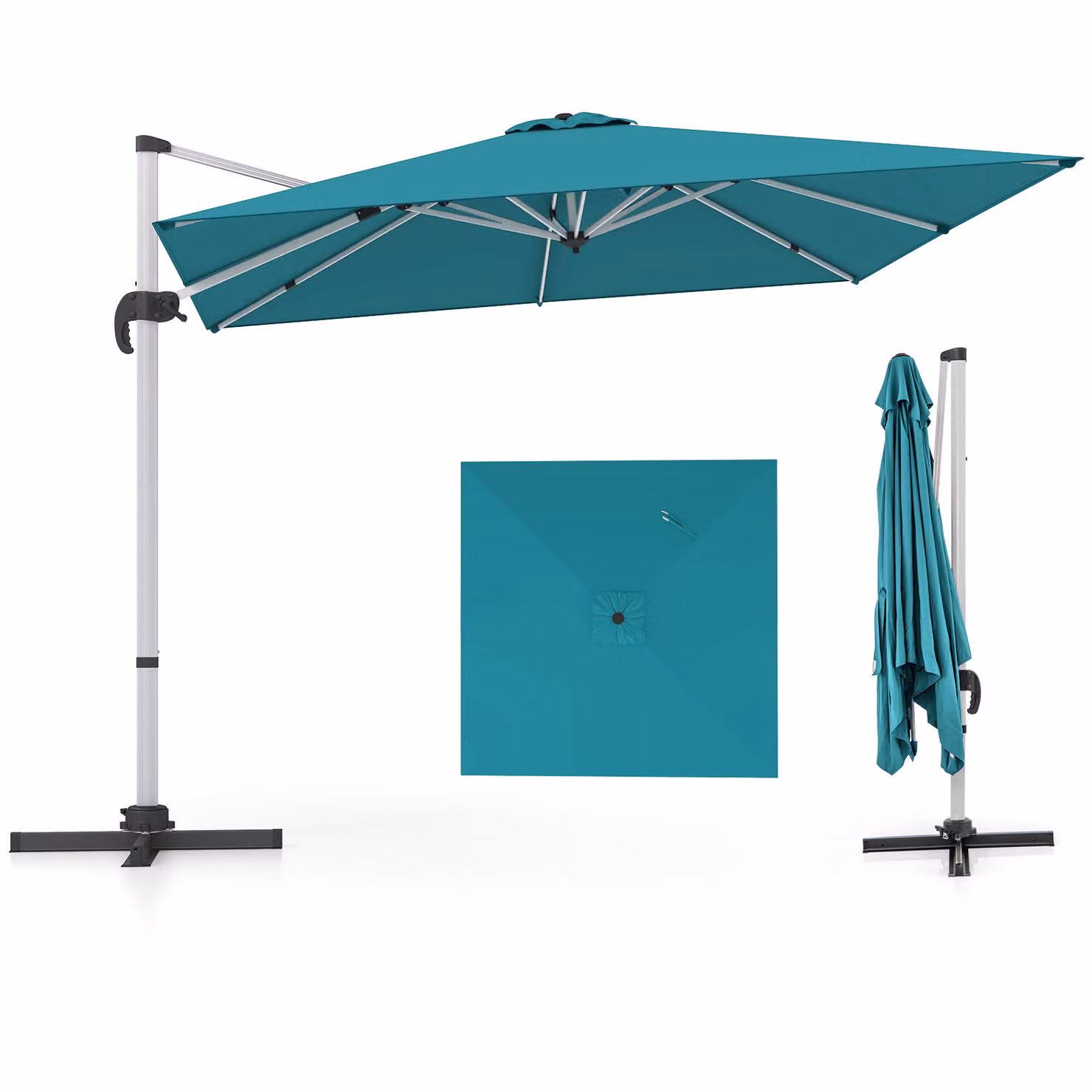 Ombrellone COSTWAY Ø300cm, ombrellone da patio con base a croce, ombrellone da giardino a sbalzo, ombrellone quadrato a sbalzo, ombrellone da mercato con manovella per giardino e piscina