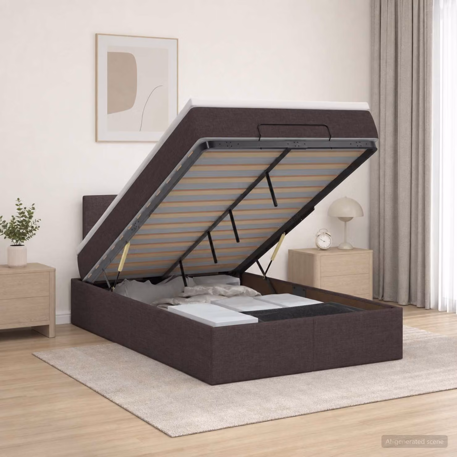 Letto Ottomano Moderno vidaXL con Materasso Ibrido, Base a Sollevamento, Illuminazione LED Sotto il Letto e Porte di Ricarica USB, Marrone e Bianco, L: 120 cm, P: 200 cm, H: 140 cm