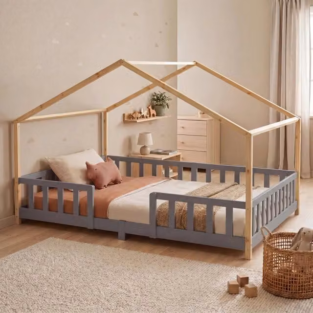 Letto per Cameretta Treviolo a Forma di Casetta in Stile Montessori 120x200 cm Grigio Chiaro/Naturale [en.casa]