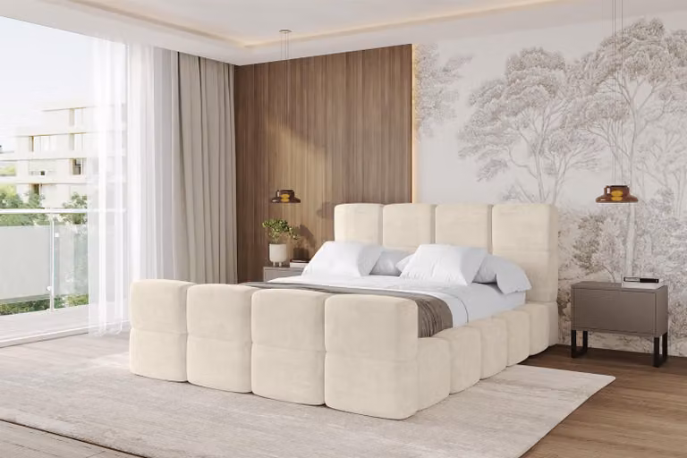 Letto imbottito ALTDECOR con contenitore - NATA-Z 160x200 beige, letto con testiera, letto contenitore senza materasso, letto matrimoniale con spazio contenitivo