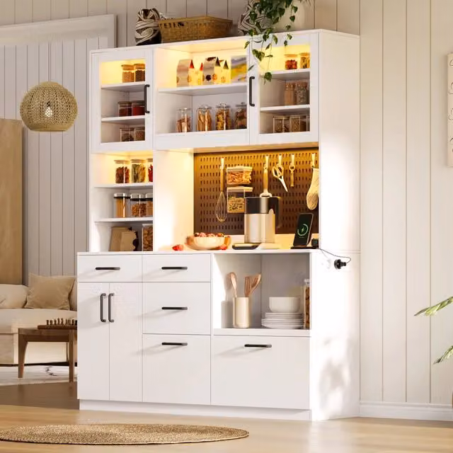 Mobile dispensa per cucina FOLYNA moderno con piano di lavoro, 5 cassetti, illuminazione LED RGB, prese e USB, in MDF bianco