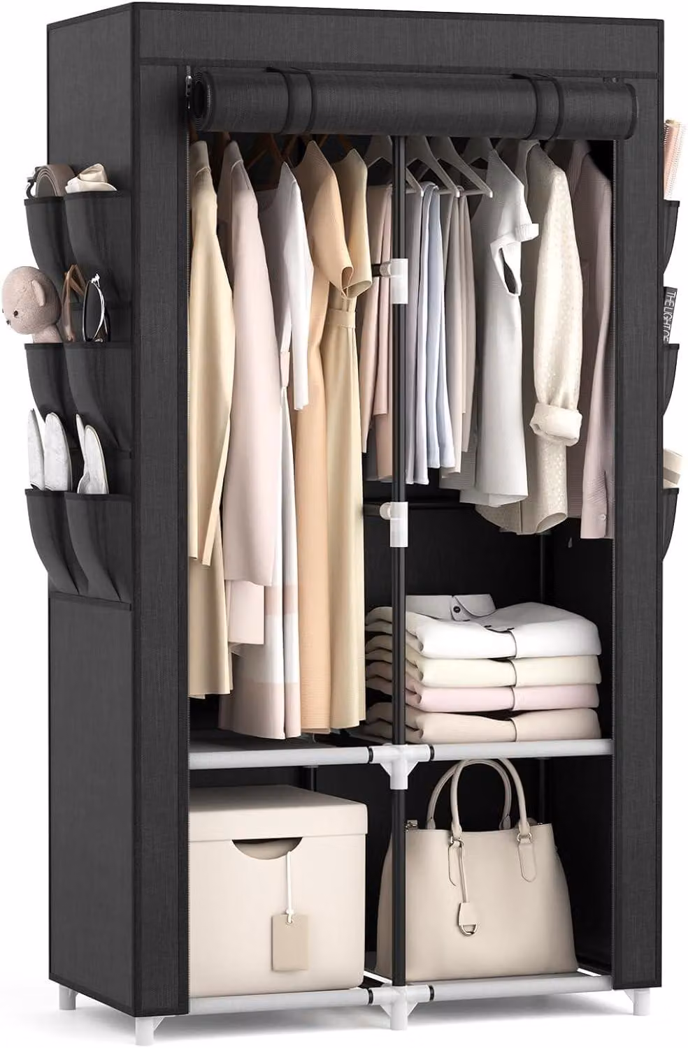 Omgoods - Armadio portatile - 2 aste appendiabiti - 4 ripiani - 6 tasche - Stabile - Facile da montare - Armadio