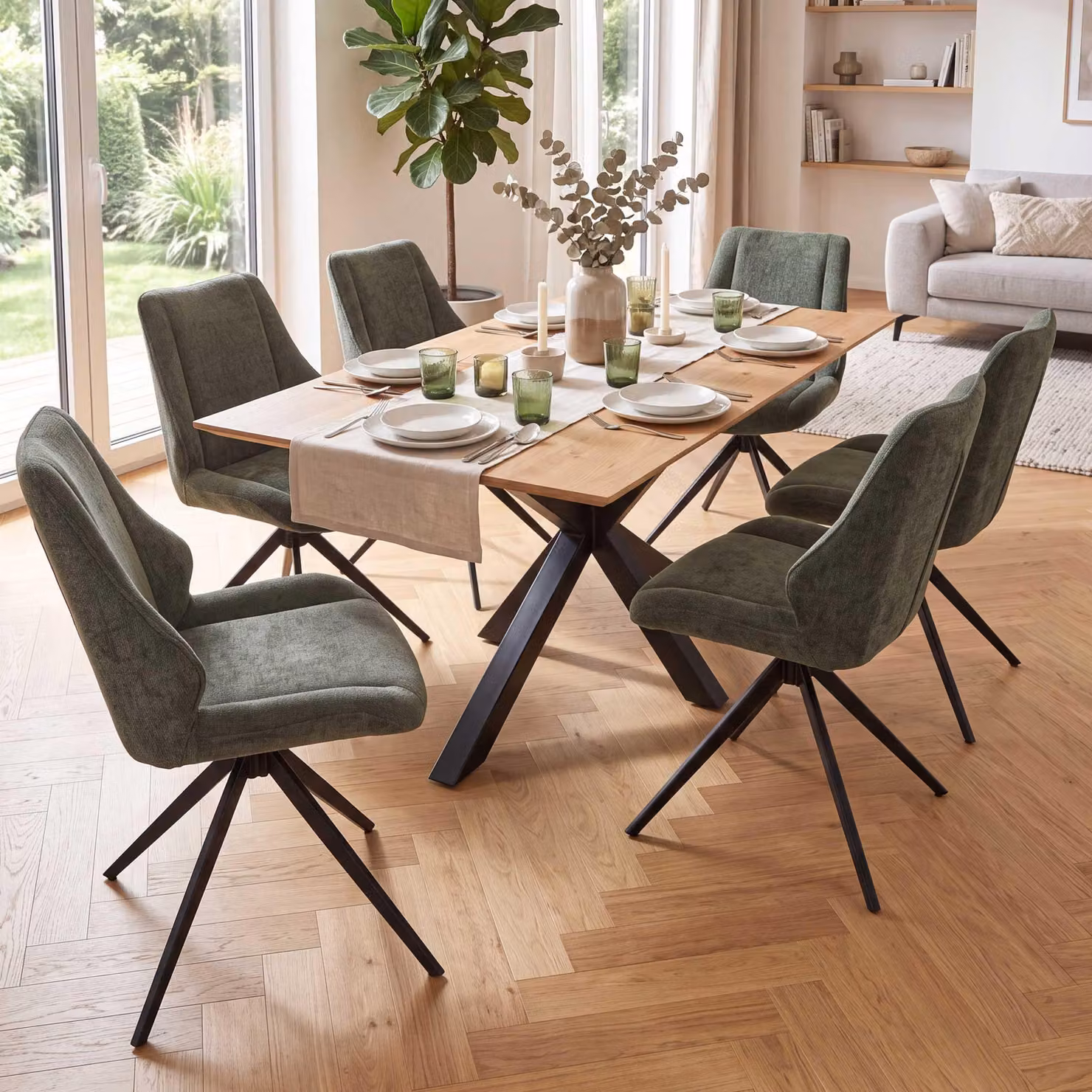 Set di 6 sedie da pranzo modello HWC-O48, sedia da cucina, girevole con sistema di ritorno automatico, rivestita in tessuto chenille (320g/m²), colore verde