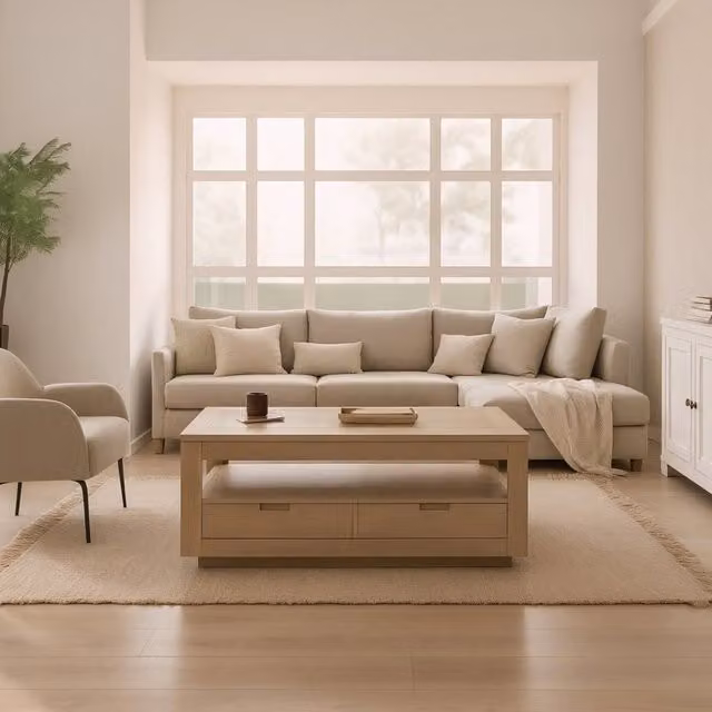 Tavolo da salotto elevabile Sisal Banak in legno massiccio di acacia marrone e beige