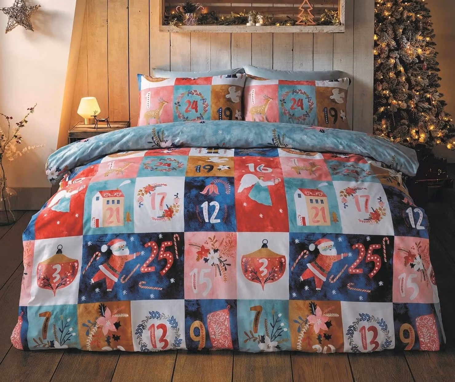 Set di lenzuola in microfibra reversibile a tema natalizio, con calendario dell'Avvento, ideale per il periodo natalizio. Set di biancheria da letto a tema natalizio, con motivi colorati