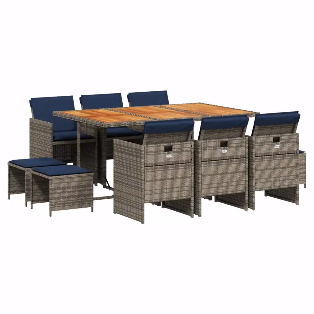 Set da pranzo da giardino vidaXL in legno di acacia e polyrattan da 11 pezzi con cuscini, colore grigio, marrone o blu – 2
